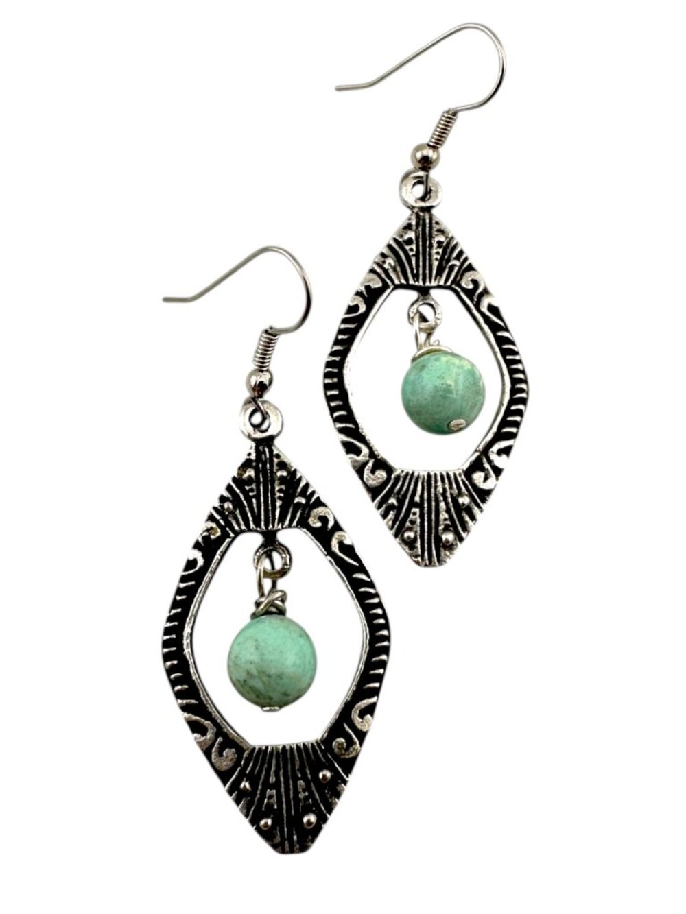 Title Peruvian Turquoise Filigree Earrings Handmade Pewter Boho Dangle Surgical